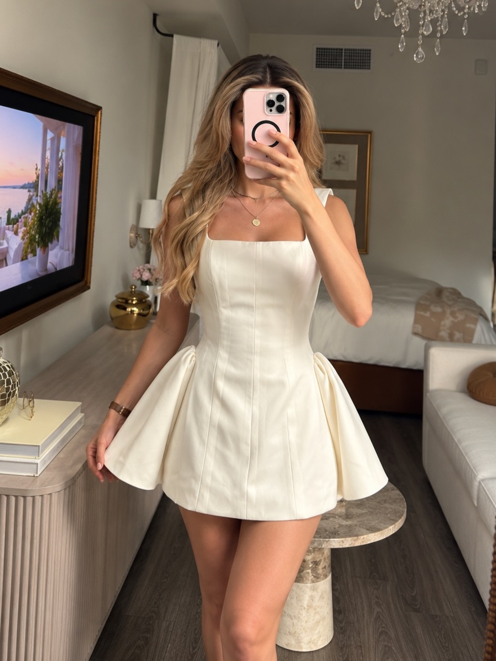 AcuDA Ivory Satin Structured Corset Mini Dress Bubble Hip Size L NWT